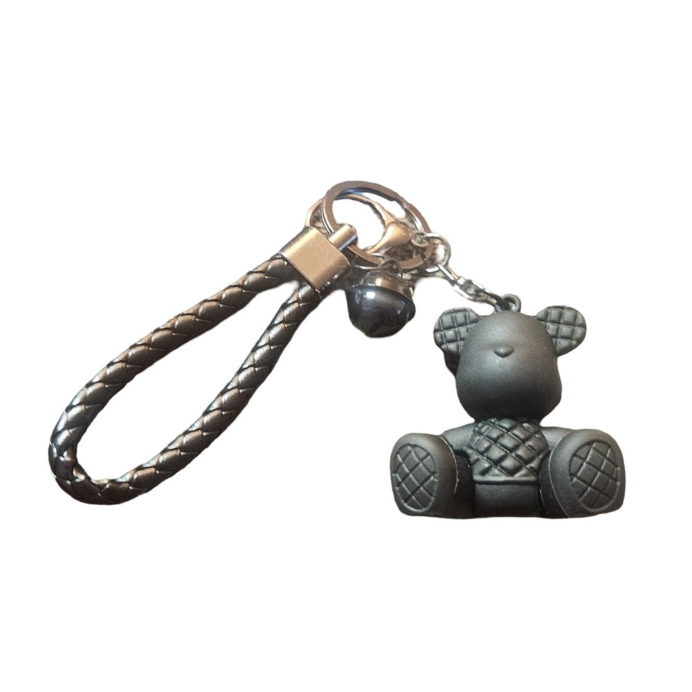 Matte Black Teddy Bear Keychain Quilted Design Braided Wristlet Bag Charm